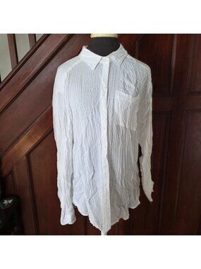 Jane + Delancey White Crinkle Button-Down Shirt M Long Sleeve Lightweight Cotton